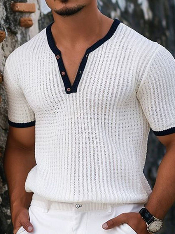 Mens Waffle Knit V-Neck Short Sleeve T-shirt SKUK64776