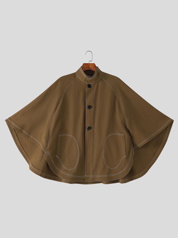 Men's Avant-Garde Zen Contrast Stitch Stand Collar Cloak SKUL79052