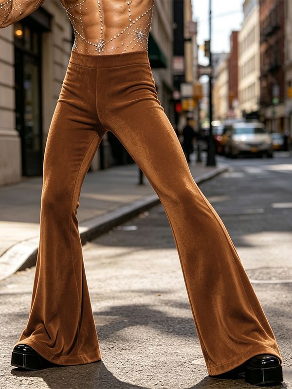 Men's Retro Disco Lustrous Velvet Butt Lifting Bell Bottom Floor Length Flared Pant SKUL83499