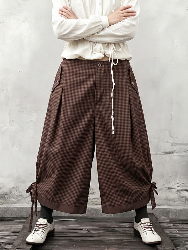 Men's Vintage Plaid Cargo Pocket Wide Leg Harem Cropped Pant SKUL60808