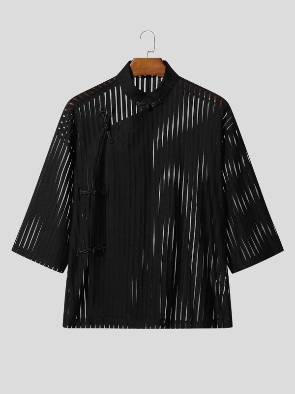 Men's Striped Sheer Frog Button Short Sleeve Shirt SKUL55428