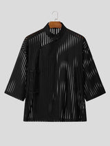 Men's Striped Sheer Frog Button Short Sleeve Shirt SKUL55428