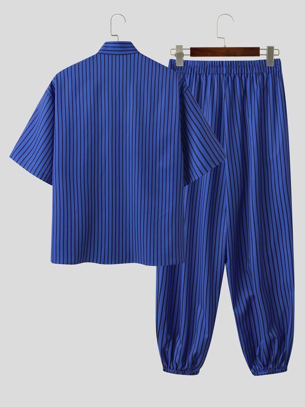 Men's Vintage Casual Vertical Striped Frog Button Stand Collar Two Pieces Outfit SKUL62046