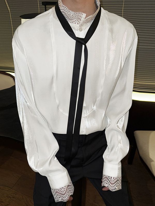 Men's Lace Trim Patchwork Ribbon Design Long Sleeve Shirt SKUL50006
