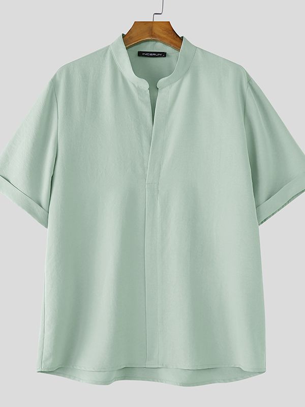 Men's Solid Color Stand Collar Short Sleeve Shirt SKUL49916