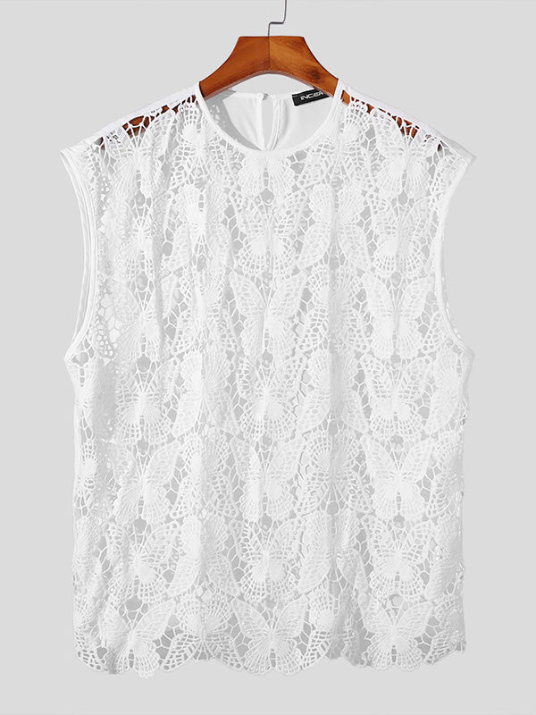 Mens Butterfly Print Cut Out Sheer Tank SKUK72232