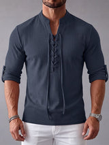 Men's Early Autumn Urban Casual Drawstring Front Textured Long Sleeve T-shirt SKUL81069
