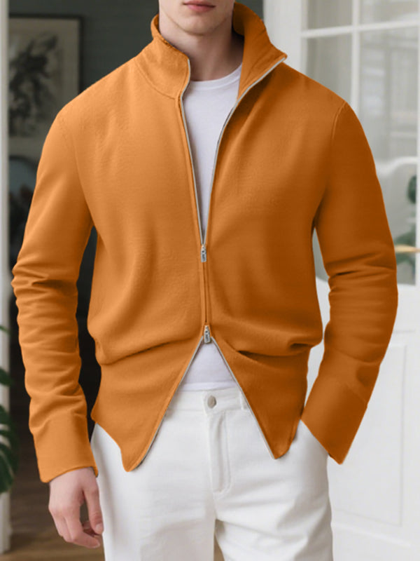 Men's Solid Color Textured Double Zipper Long Sleeve Cardigan SKUL25965