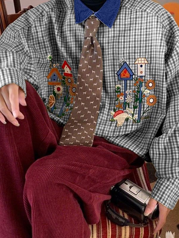 Men's Cartoon Print Plaid Contrast Collar Long Sleeve Shirt SKUL42673