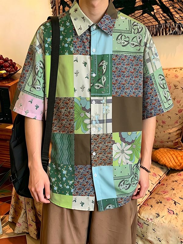 Men's Resort Paisley & Floral Print Drop-Shoulder Short Sleeve Shirt SKUL71280