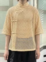 Men's Hollow Out Mesh Frog Button Half Sleeve Shirt SKUL55348