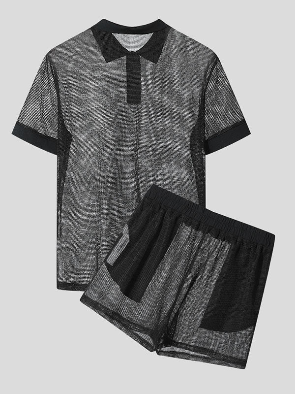 Mens Hollow Mesh Short-Sleeve Two Pieces Outfit SKUL04244