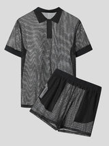 Mens Hollow Mesh Short-Sleeve Two Pieces Outfit SKUL04244