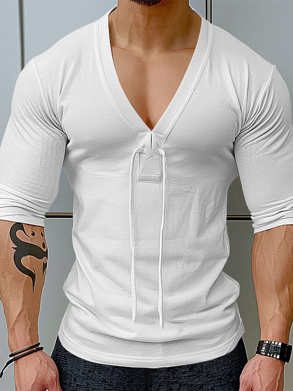 Mens Solid Color V-Neck Half Sleeve T-Shirt SKUK78608