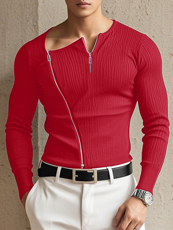 Mens Off-Shoulder Zipper Design Long Sleeve T-Shirt SKUK96758