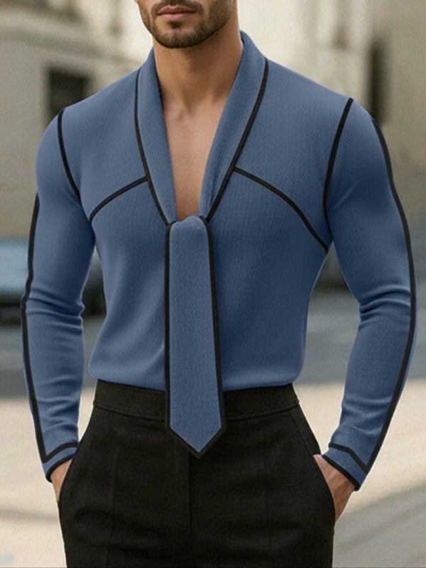 Men's Knit Contrast Color Tie Long Sleeve T-shirt SKUL43758