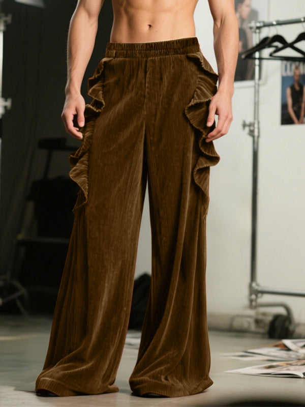 Men's Ruffled Patchwork Wide Leg Velvet Pant SKUL30412