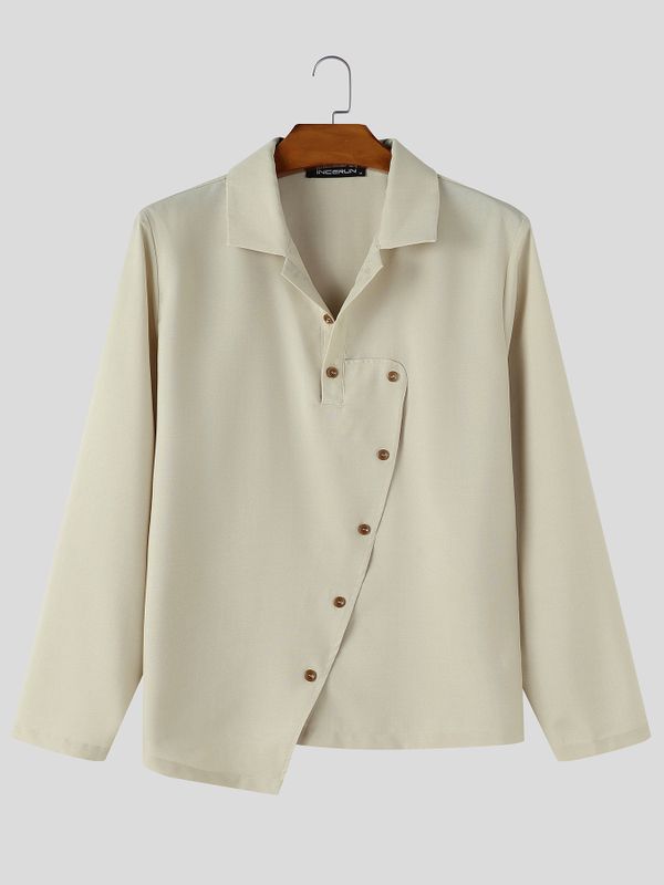 Men's Early Autumn Urban Casual Side Slanted Button Up Clean Fit Long Sleeve Lapel Collar Shirt SKUL81844