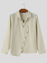 Men's Early Autumn Urban Casual Side Slanted Button Up Clean Fit Long Sleeve Lapel Collar Shirt SKUL81844