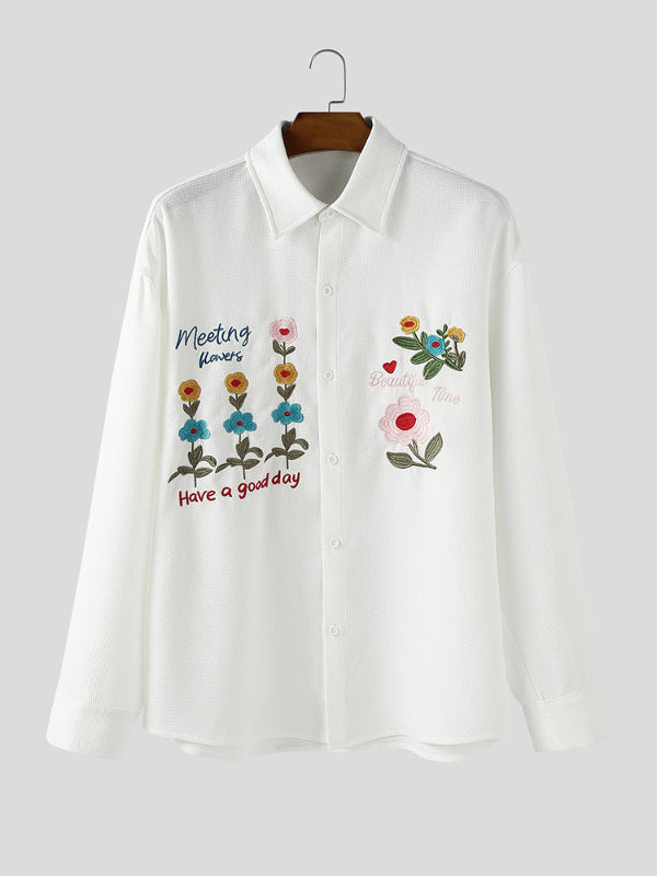 Men's Floral Embroidered Textured Long Sleeve Shirt SKUL29774