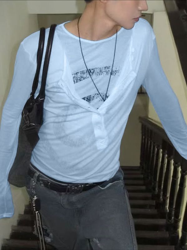 Men's Faux Two Piece Sheer Henley Neck Long Sleeve T-shirt SKUL41302