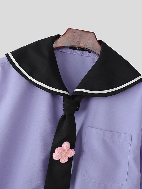 Men's Preppy Sailor Collar Contrast Color Short Sleeve Shirt SKUL41203