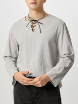 Men's Linen Cotton Long Sleeve Solid Lace Up T-Shirts SKUF61862