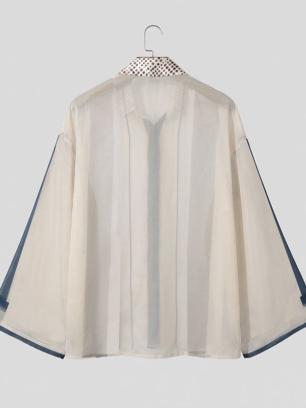 Men's Retro Early Autumn Sheer Stripe Contrast Polka Dot Lantern Long Sleeve Lapel Collar Shirt SKUL77321