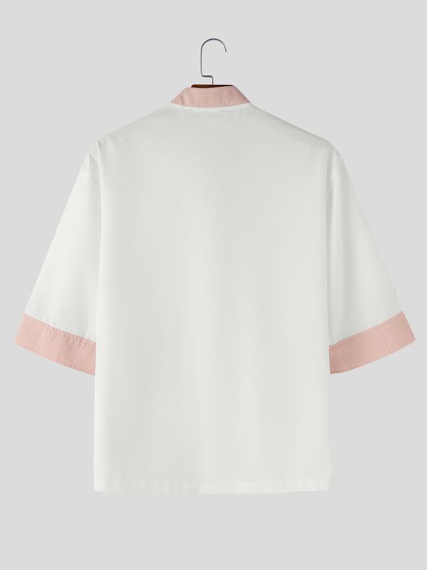 Men's New Chinese Style Asymmetrical Contrast Frog Button Shirt SKUL62068