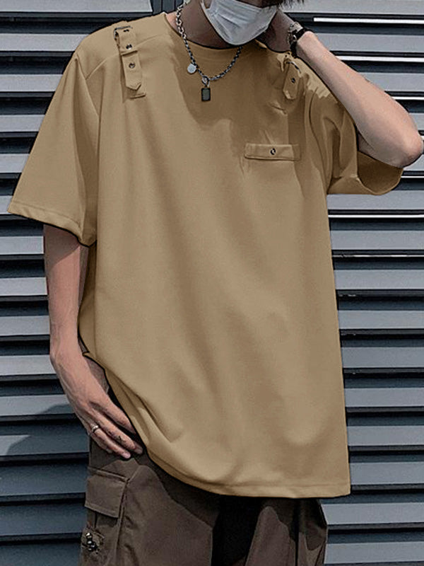 Mens Straps Metal Button Short Sleeve T-Shirt SKUK59954