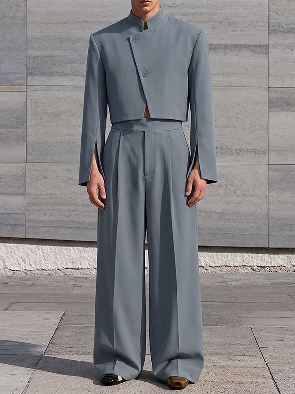 Men's Avant-Garde Deconstructed Stage Runway Asymmetric Slanted Button Cropped Two Pieces Outfit SKUL85939