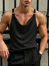 Men's Avant-Garde Double Metal Rings Cowl Neck Textured Crinkled Tank SKUL72415