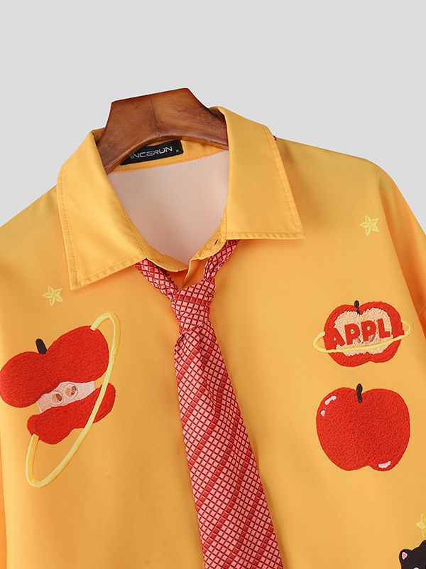 Men's Apple Print Plaid Long Sleeve Shirt SKUL46132