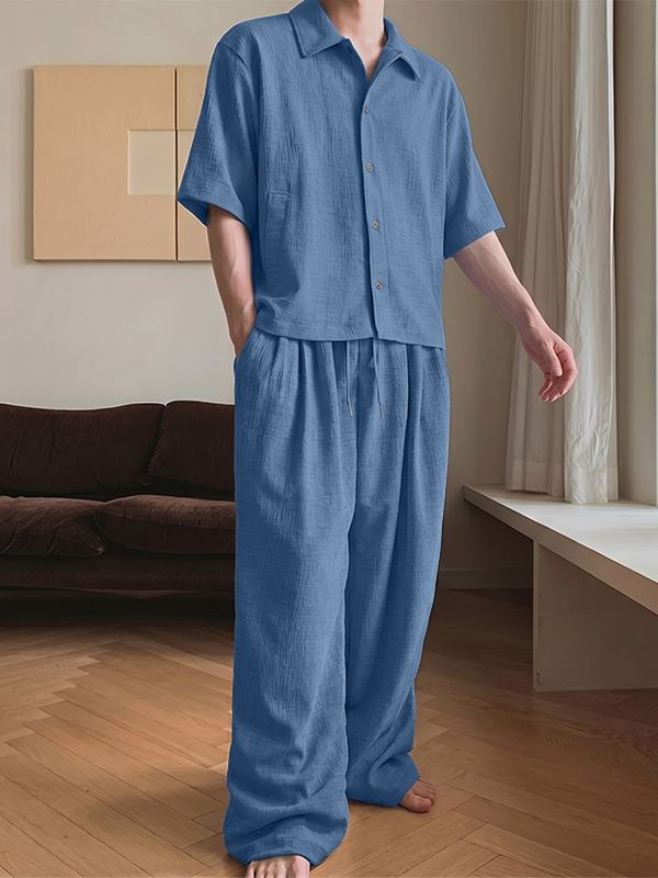Men's Casual Homewear Linen Texture Breathable Two Pieces Outfit SKUL71406