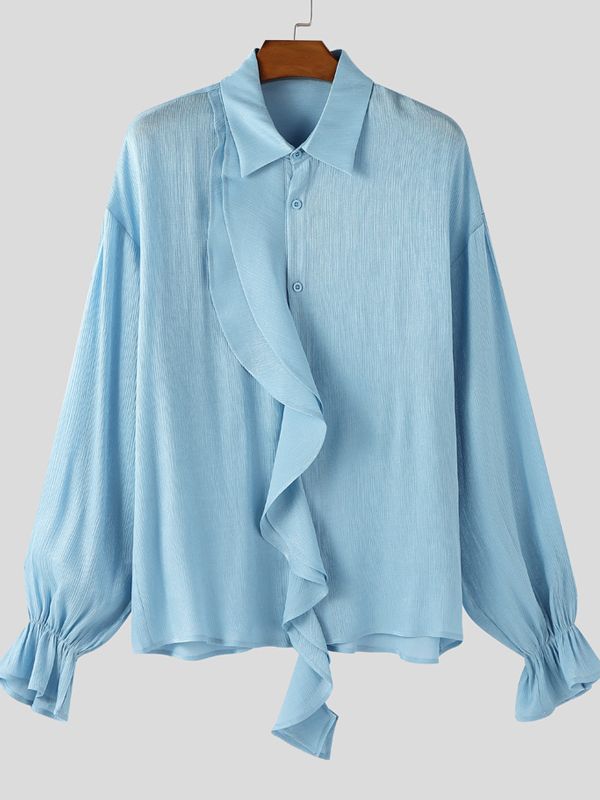 Men's Pleated Textured Ruffle Long Sleeve Shirt SKUL37174