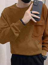 Mens Corduroy Patchwork Color-Block Long-Sleeve T-Shirt SKUK88055