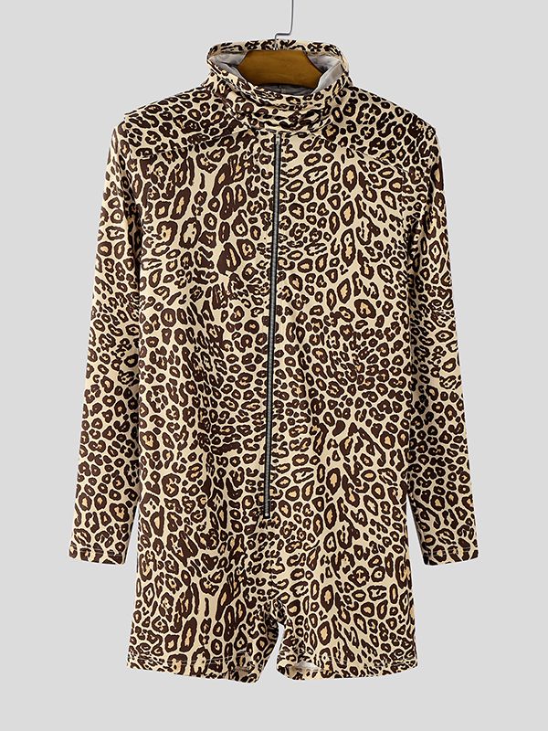 Men's Leopard Print Lapel Collar Zipper Long Sleeve Bodysuit SKUL45122