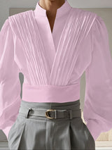 Men's Solid Color Pleated Long Sleeve Shirt SKUL43552