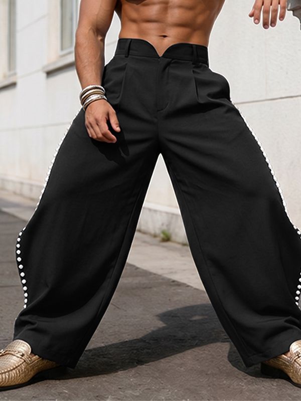 Men's Avant-Garde Pearl Beaded Side Slit High Waist Wide Leg Pant SKUL68004
