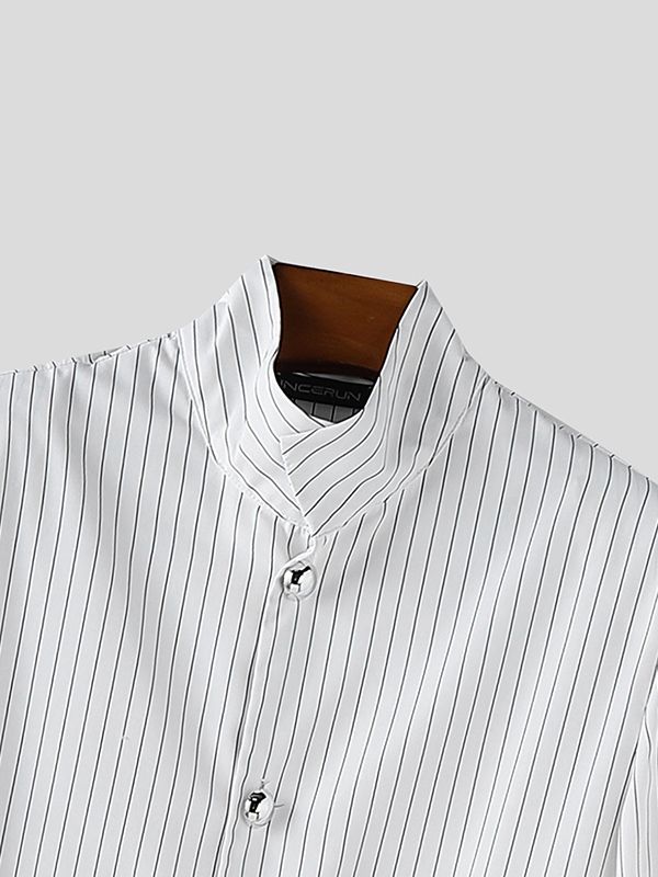 Men's Striped Long Hem Large Button Long Sleeve Blazer SKUL37513