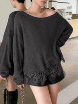 Men's Sheer Lace Patchwork Off Shoulder Long Sleeve T-shirt SKUL43611