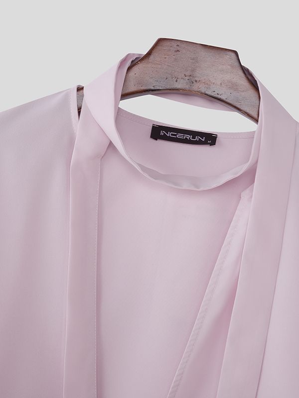 Men's Ribbon Deep V Neck Long Sleeve Shirt SKUL46568