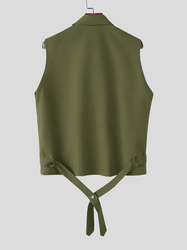 Mens Solid Color Ribbon Tie Sleeveless Shirt SKUL14072