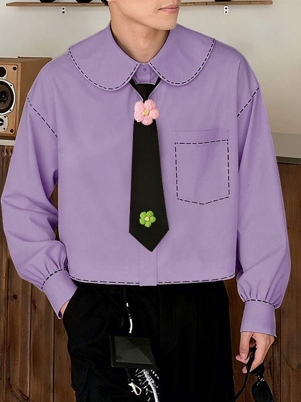 Men's Dashed Print 3D Floral Tie Long Sleeve Shirt SKUL39788