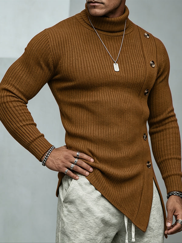 Men's Avant-Garde Urban Casual Asymmetrical Side Button Long Sleeve Turtleneck Sweater SKUL80558