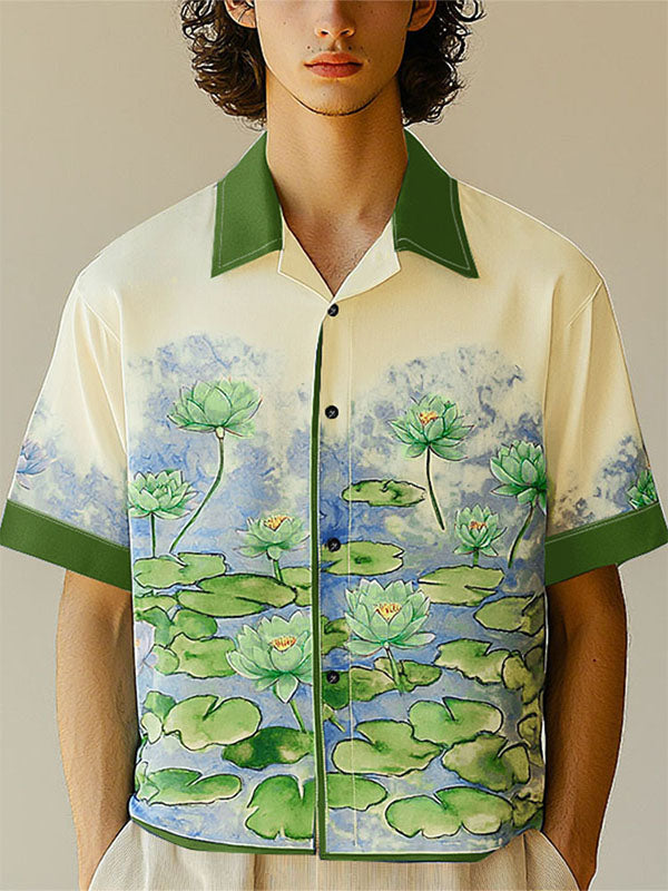 Mens Lotus Print Color Block Short Sleeve Shirt SKUL16585