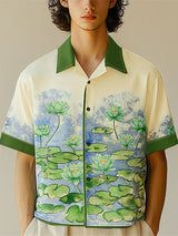 Mens Lotus Print Color Block Short Sleeve Shirt SKUL16585