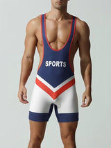 Men's Retro Color-Block Letter Print Tight Wrestling Singlet Bodysuit SKUL63816