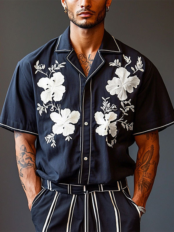 Mens Floral Print Cuban Collar Short Sleeve Shirt SKUL16858