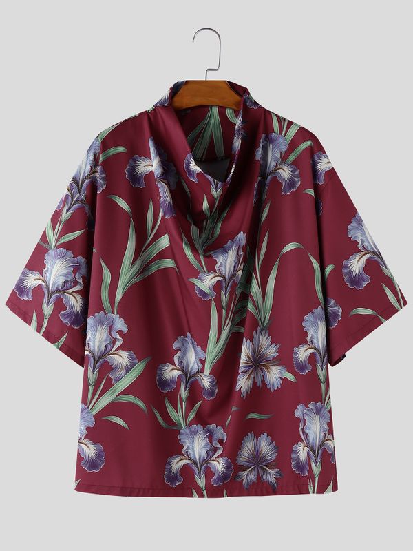 Men's Floral Print Draped Cowl Neck Relaxed Fit Short Sleeve Shirt SKUL61180
